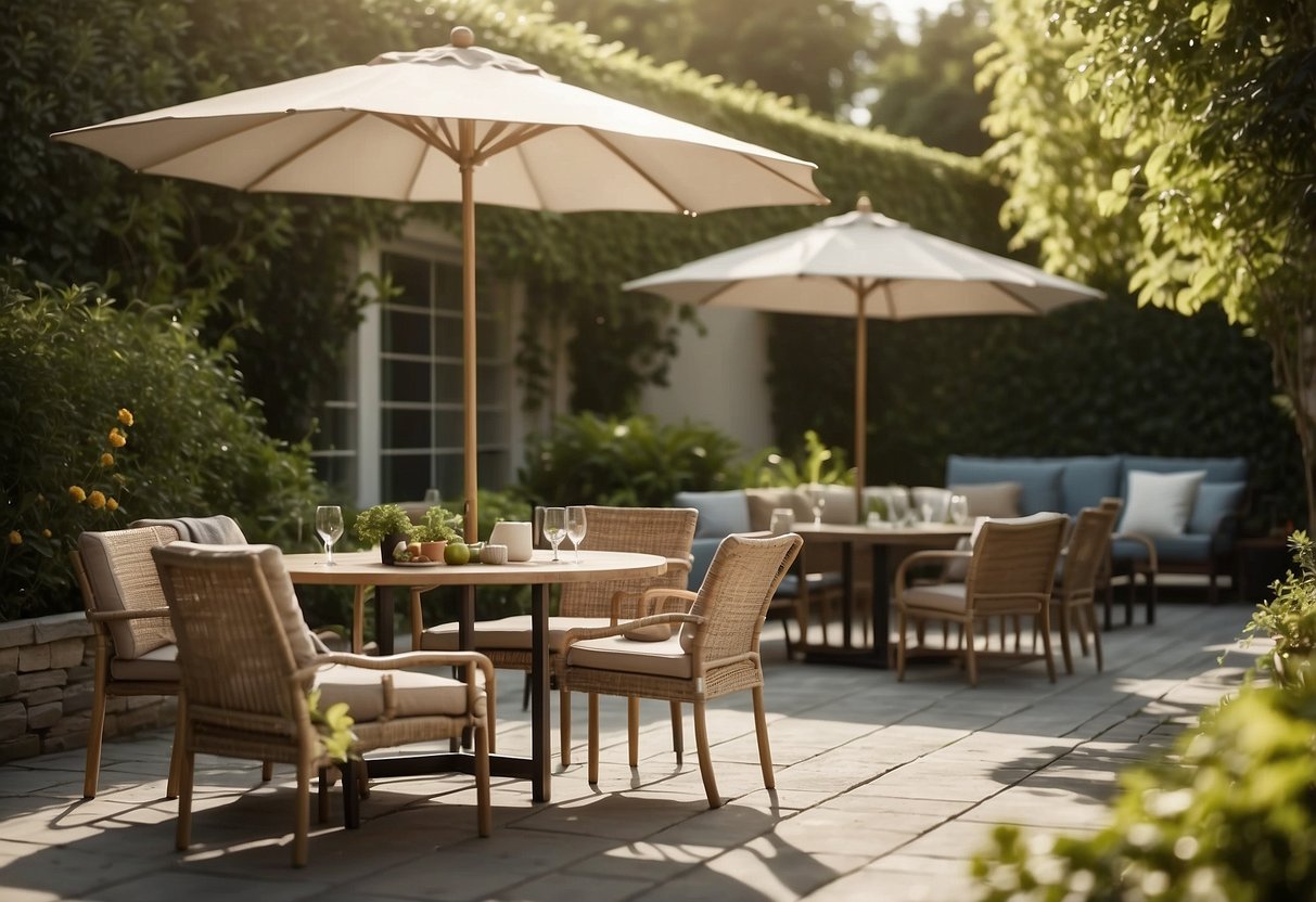 A sunny patio with modern, durable outdoor furniture arranged for dining and lounging, surrounded by lush greenery and umbrellas for shade