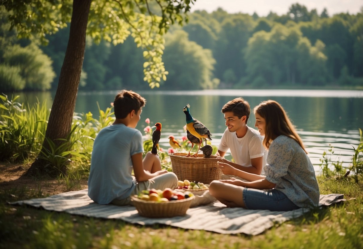 A family sets up a picnic at a serene lakeside, surrounded by lush greenery and a variety of colorful birds perched on nearby trees