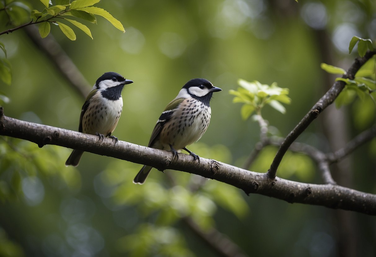 Birds perched on tree branches, chirping and flitting about. Scenic picnic spots with lush greenery and serene surroundings