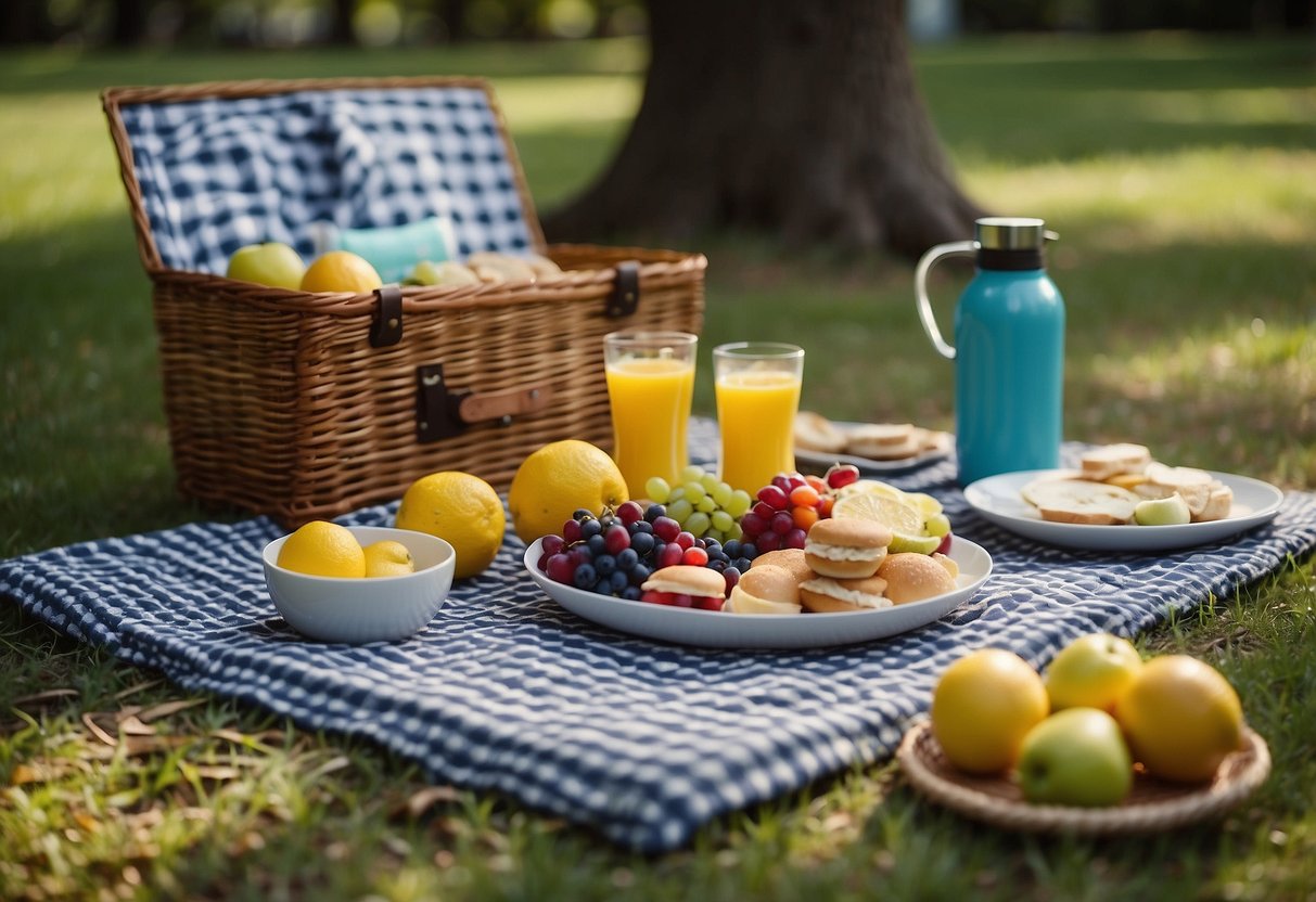 A checkered picnic blanket spread out under a shady tree, with a wicker basket filled with fresh fruits, sandwiches, and snacks. A thermos of lemonade and a stack of colorful plates and napkins complete the scene