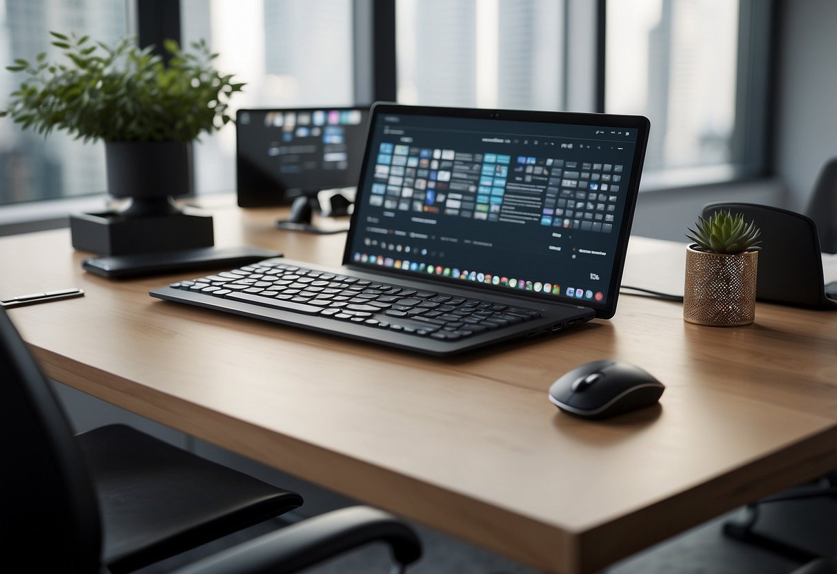 A sleek, modern office desk with a keyboard, mouse, and notepad. A motivational wallpaper with productivity quotes and keyboard shortcuts adorns the wall behind the desk