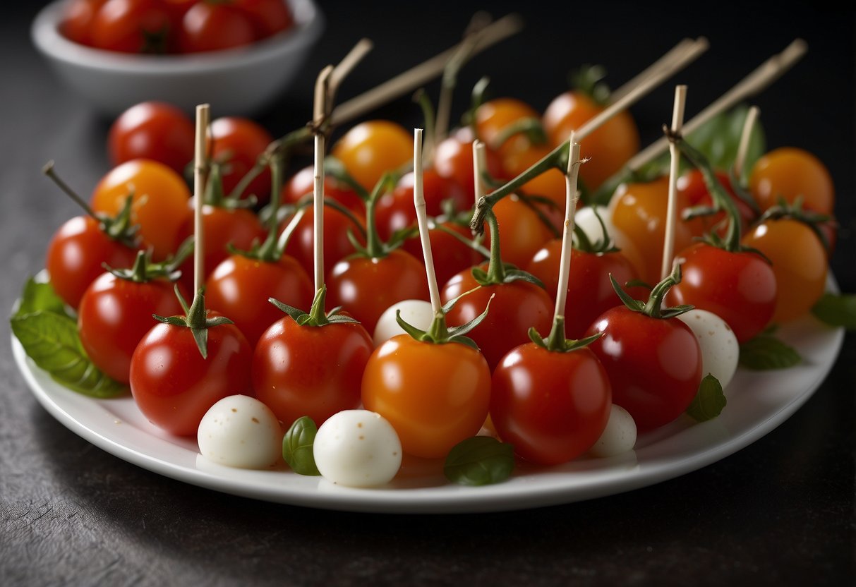 Fresh cherry tomatoes, mozzarella balls, and basil leaves skewered on toothpicks, arranged on a platter. A drizzle of balsamic glaze adds a finishing touch