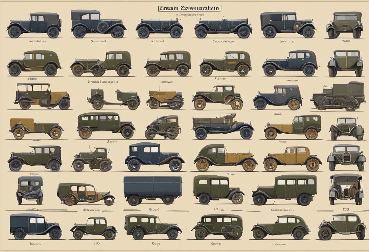 A collection of German KFZ-Kennzeichen arranged by historical and systematic order, with varying colors, shapes, and alphanumeric combinations