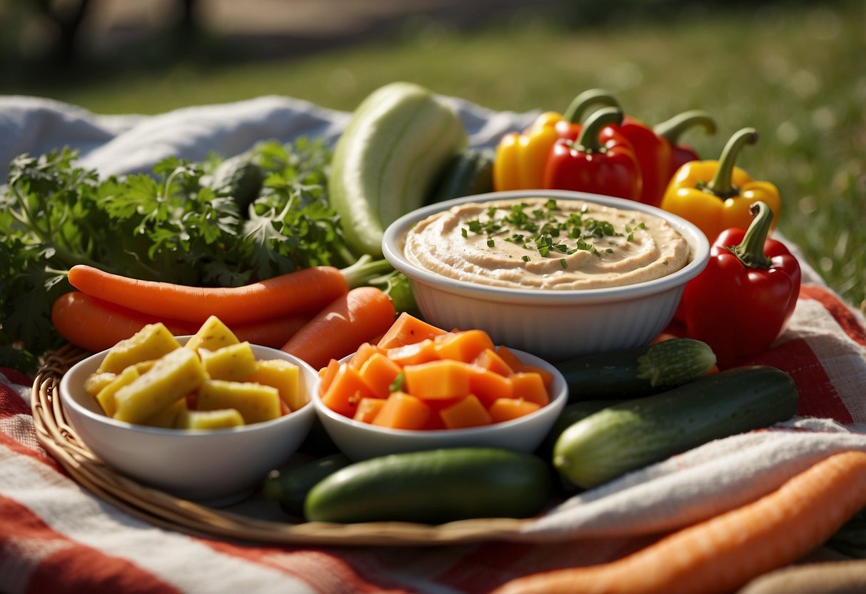 A picnic blanket spread with a bowl of classic hummus surrounded by an assortment of fresh, colorful veggies like carrots, cucumbers, and bell peppers. A sunny outdoor setting with a few scattered clouds in the sky