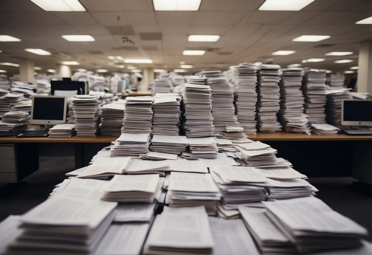 A cluttered office with desks, chairs, and filing cabinets, all covered in a repetitive pattern of FAQ documents, creating a busy and chaotic wallpaper