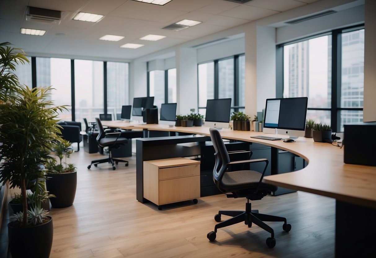 A modern office with sleek, ergonomic furniture arranged in an open layout, featuring adjustable standing desks, comfortable task chairs, and collaborative workstations
