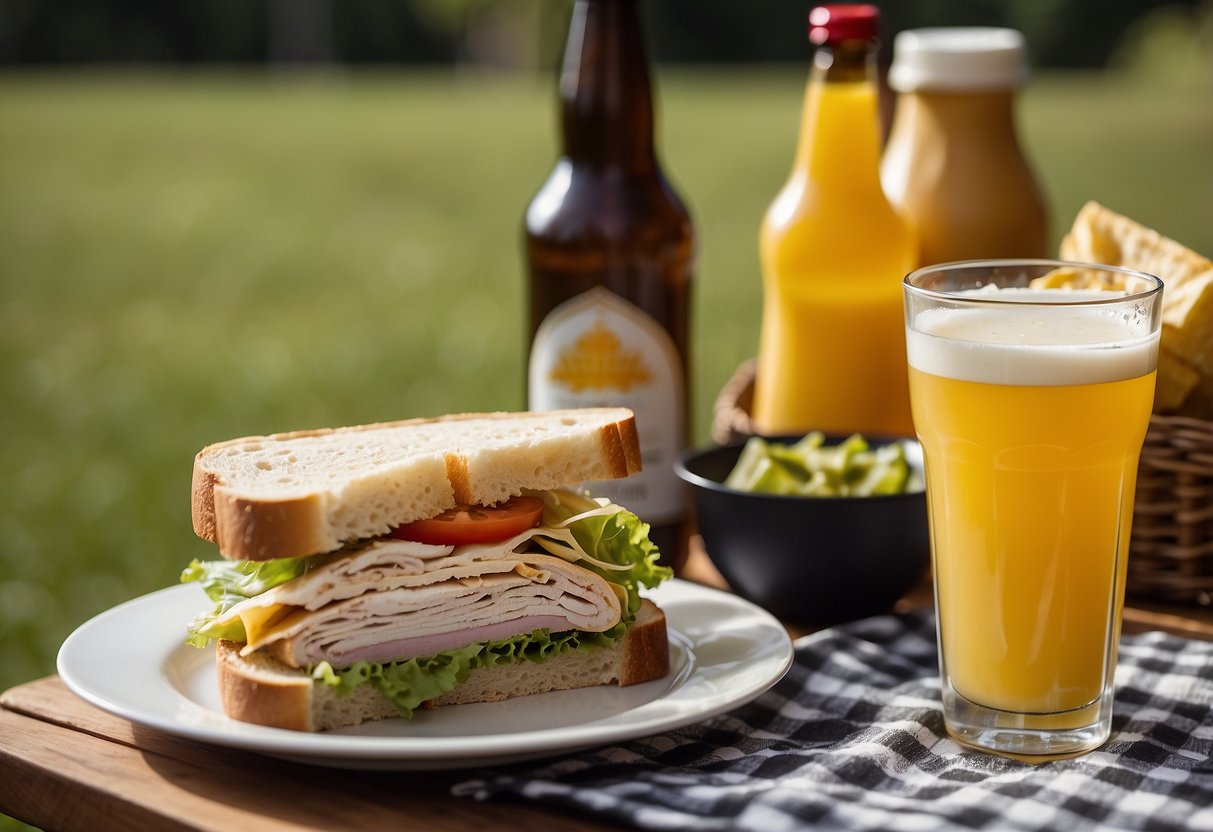 A turkey and Swiss sandwich sits on a checkered picnic blanket, surrounded by a bottle of mustard, a bag of chips, and a refreshing drink