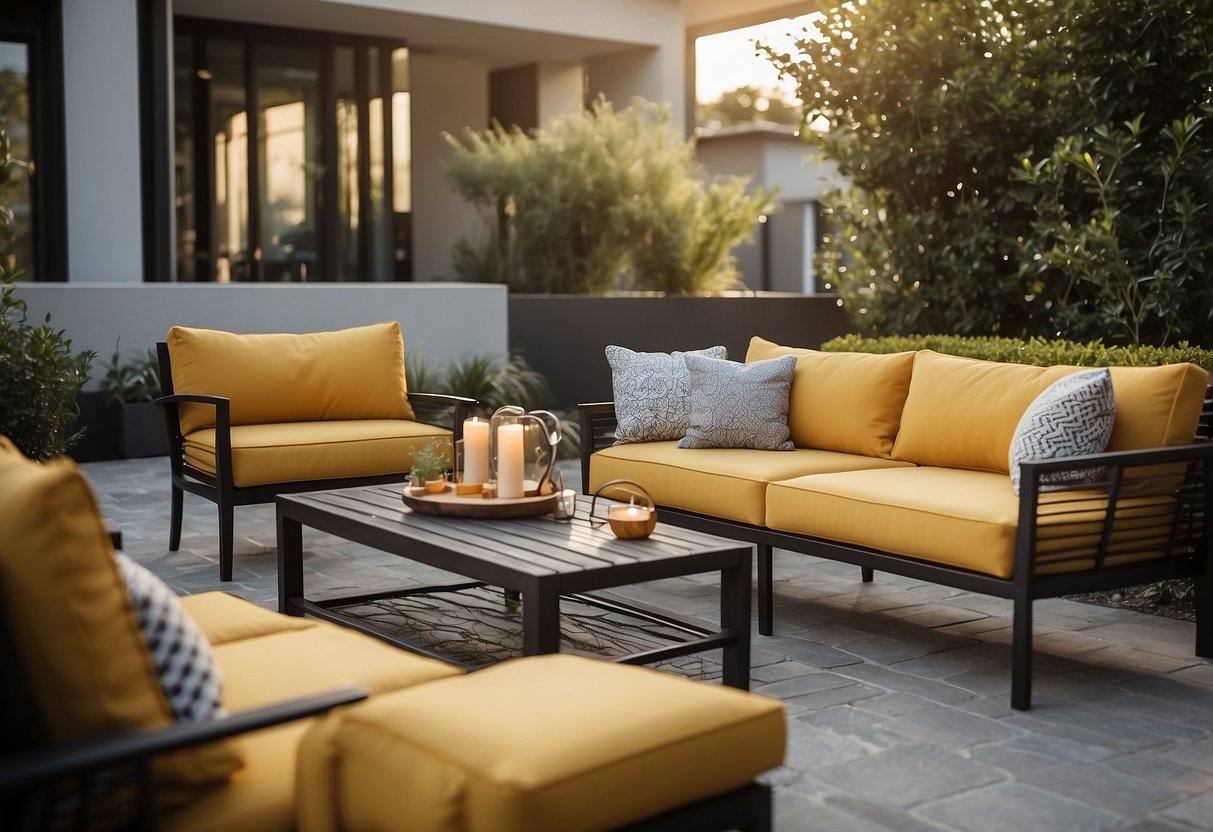 A modern outdoor setting with sleek, durable furniture, featuring stylish cushions and decorative accessories. The furniture is showcased in a vibrant, well-designed outdoor space, highlighting its durability and aesthetic appeal