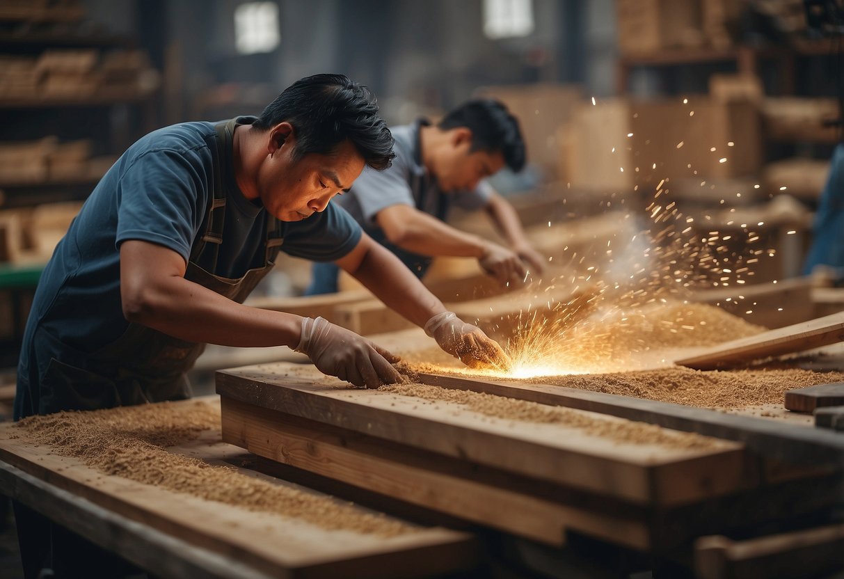 A busy workshop at Heng Huat Furniture, with sawdust in the air and workers crafting wooden furniture with precision and skill