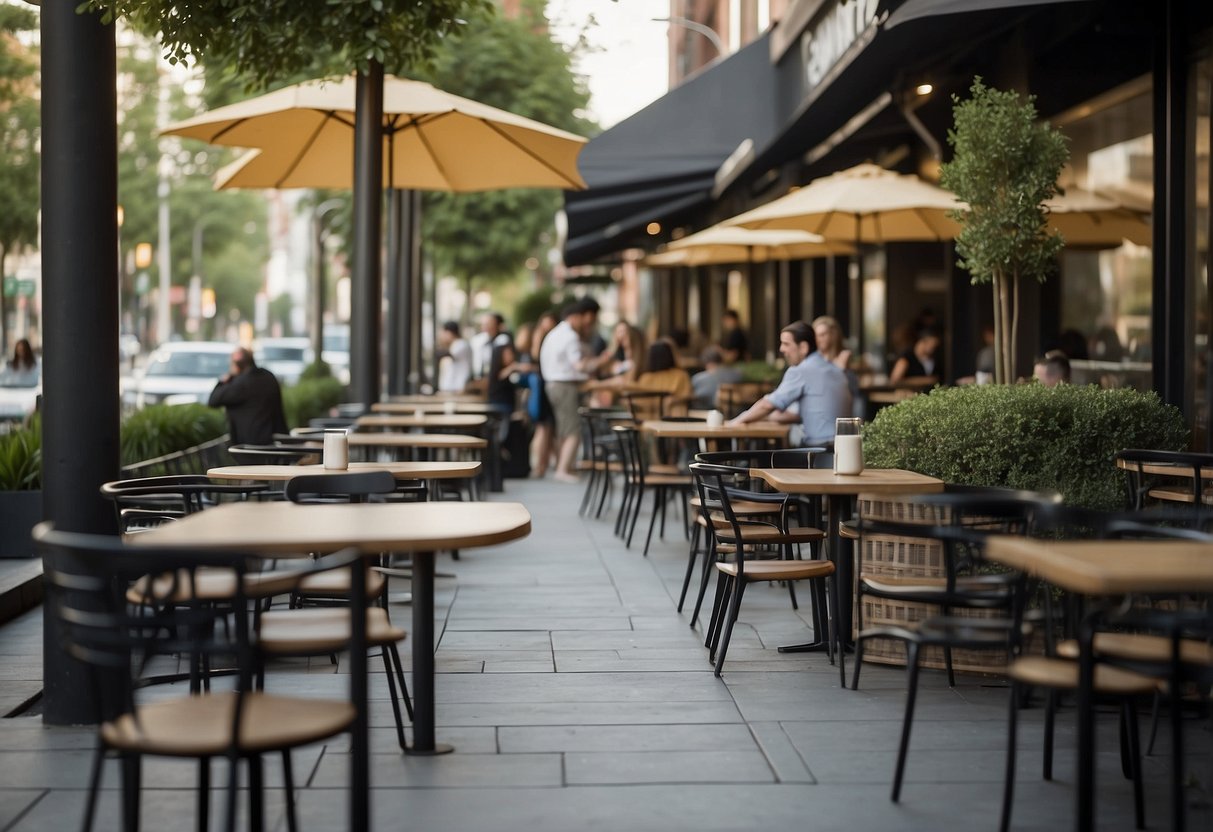 A bustling outdoor cafe with modern, durable furniture. Customers enjoy the sleek tables and chairs while staff members move efficiently around the space