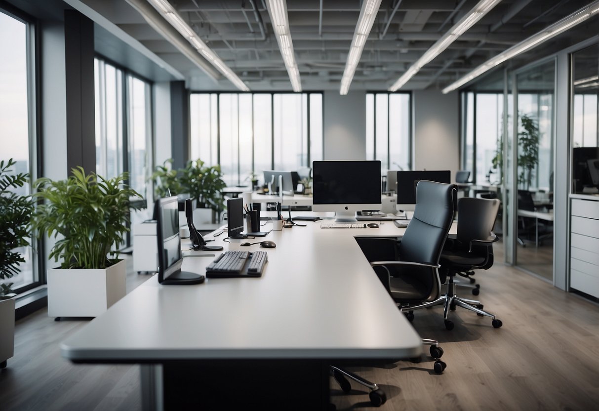 A modern office with sleek desks, ergonomic chairs, and organized shelves of office supplies. Bright lighting and a clean, professional atmosphere