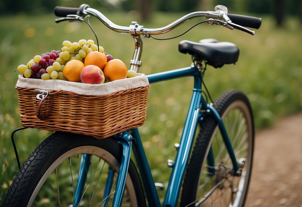 A bicycle with a picnic basket strapped to the back, filled with fruits, sandwiches, and a bottle of wine. A scenic trail winds through a lush green park, with a clear blue sky overhead