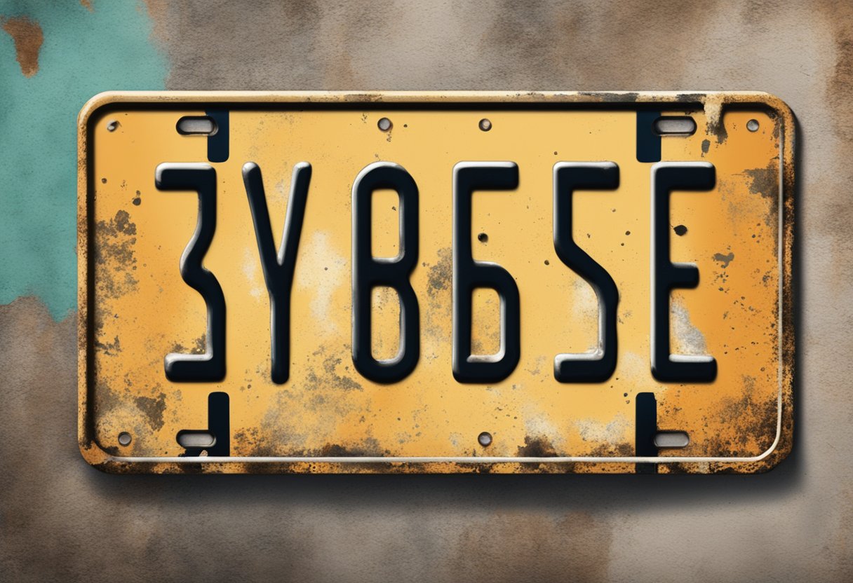 A license plate hanging on a wall, with rust and scratches visible