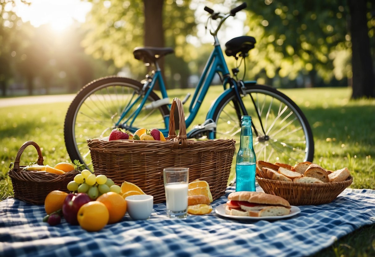 A picnic blanket is spread out on the grass next to a bike, with a basket of food and drinks nearby. The sun is shining, and there are trees and a blue sky in the background