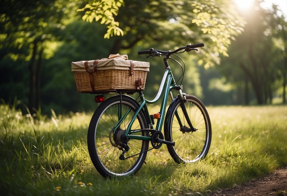 A bike with a picnic basket strapped to the back, an insulated cooler bag inside. A scenic trail winds through a lush green park, with a sunny sky overhead