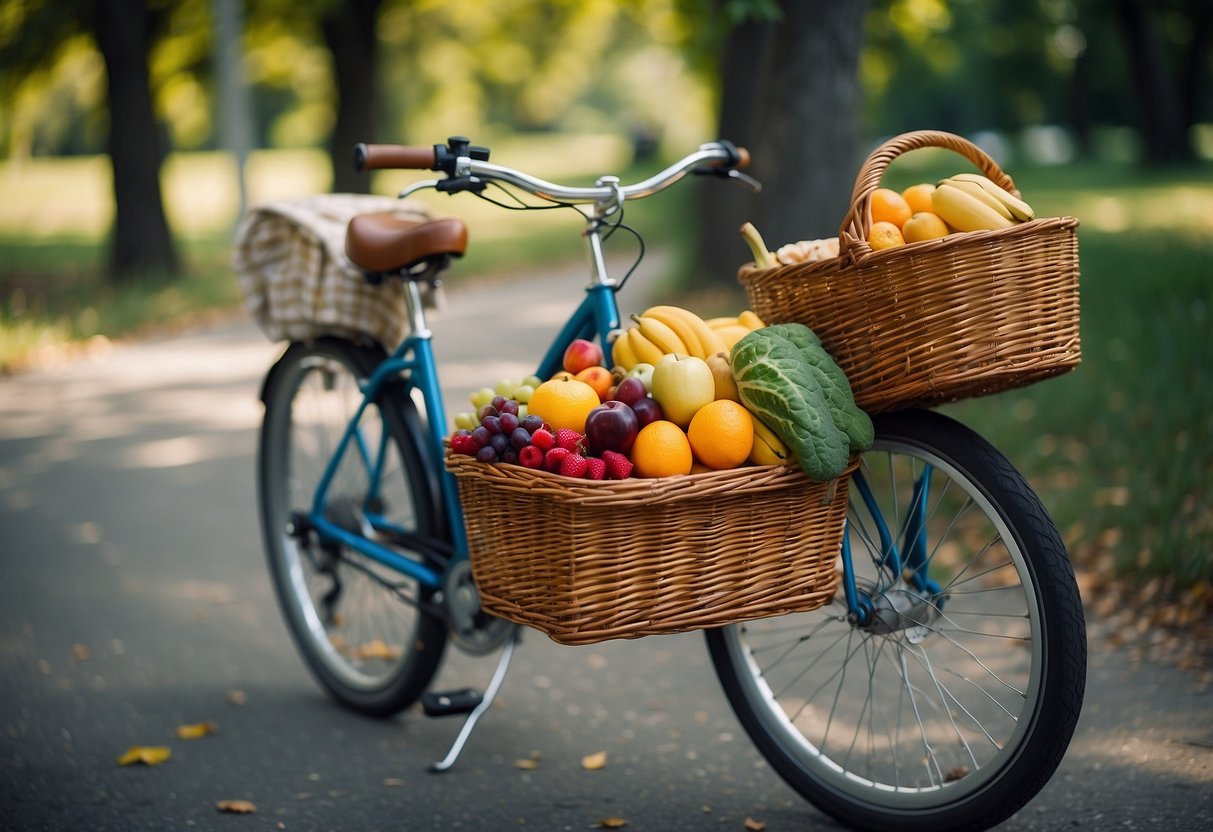 A bicycle with a picnic basket attached, filled with fresh fruits, vegetables, and nuts. A water bottle and a blanket are also strapped to the bike