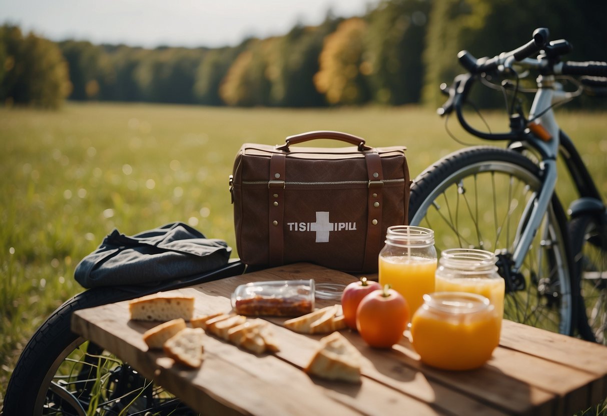 A picnic scene on a bike ride with a visible first aid kit and a list of 7 tips for a safe and enjoyable outing