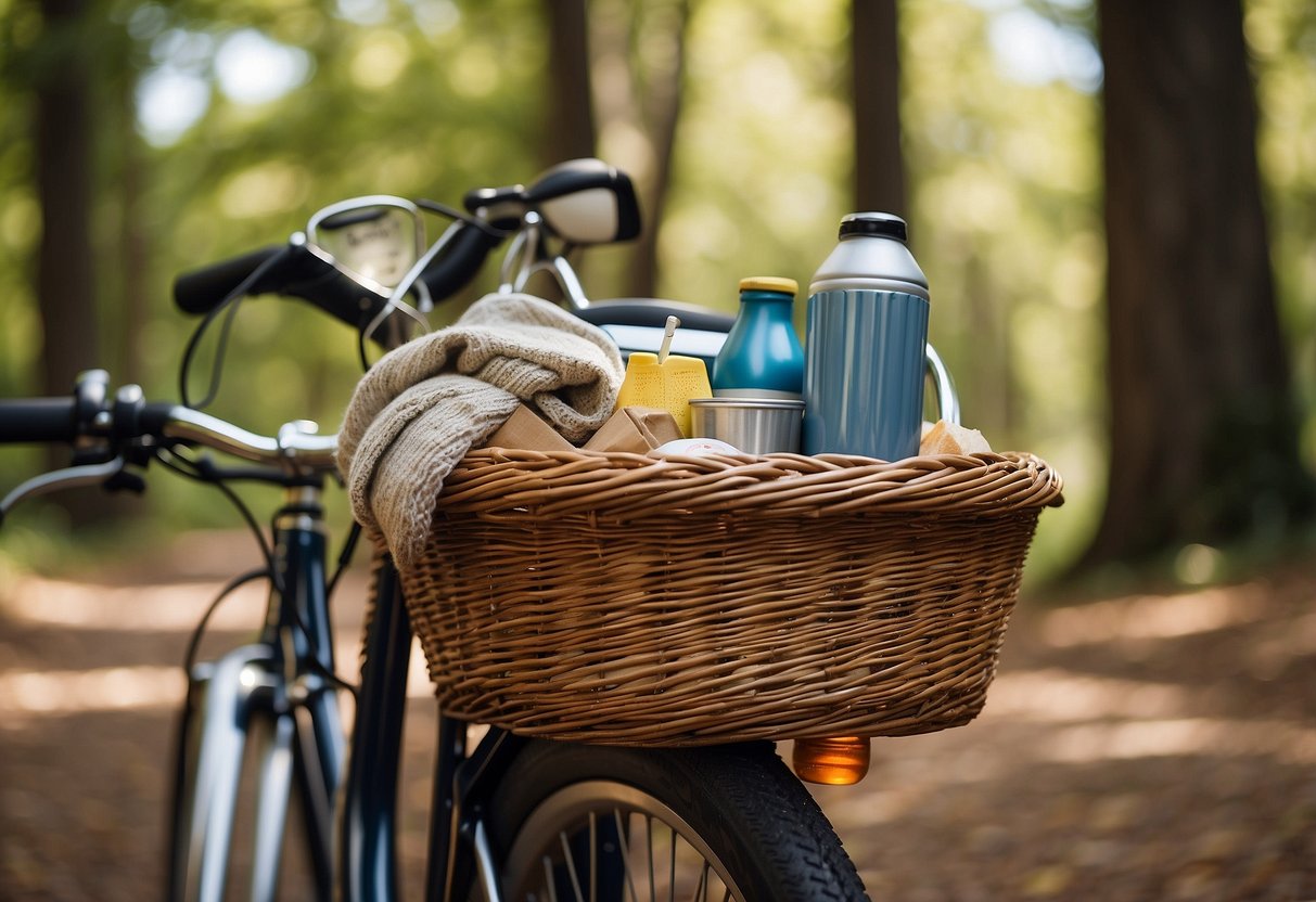 A bike basket filled with lightweight utensils, a blanket, and a small cooler. A scenic trail with a picnic spot, surrounded by trees and a gentle breeze