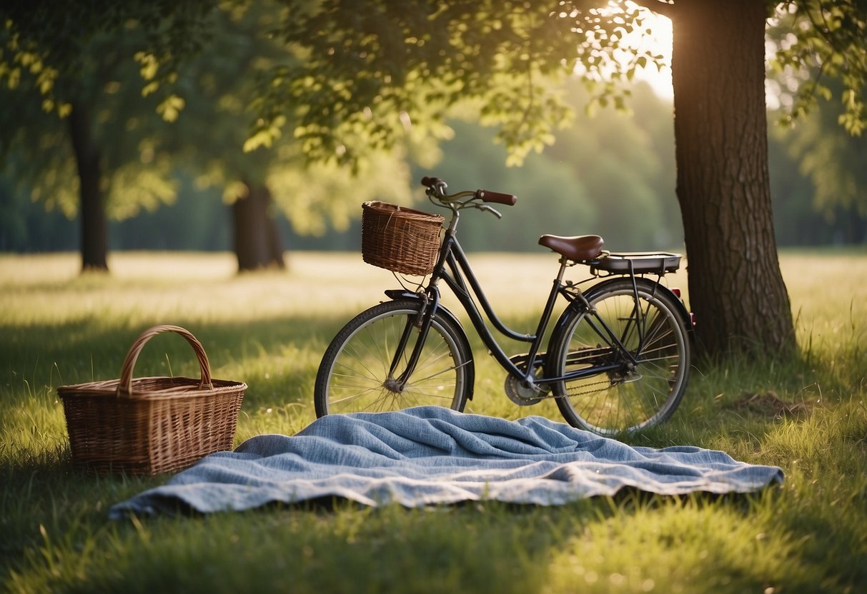 A sunny day with scattered clouds, a bike parked next to a grassy field, a picnic basket and blanket laid out, surrounded by trees and a gentle breeze