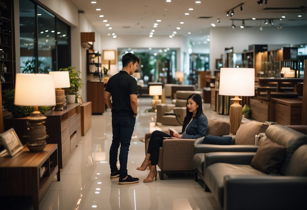 A customer browsing furniture at Heng Huat Furniture store, with a sales representative assisting