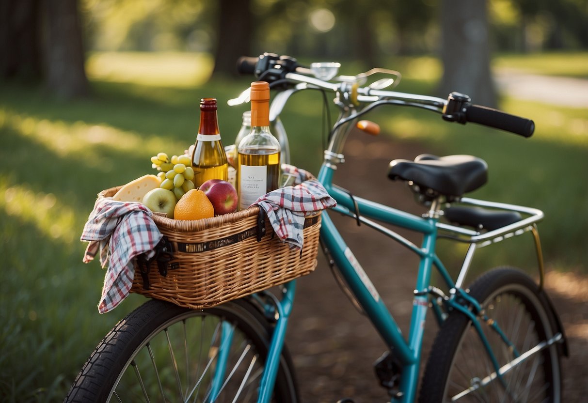 A bike with a picnic basket strapped to the back, filled with a checkered blanket, sandwiches, fruits, and a bottle of wine. A map and sunscreen are tucked into the basket