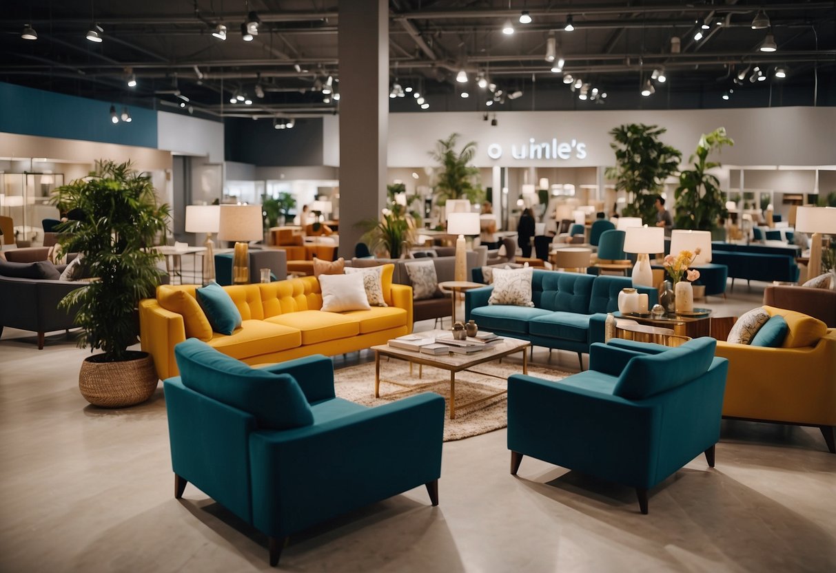 A busy furniture showroom with customers browsing and staff assisting. Displayed products include sofas, tables, and chairs. Bright lighting and colorful decor