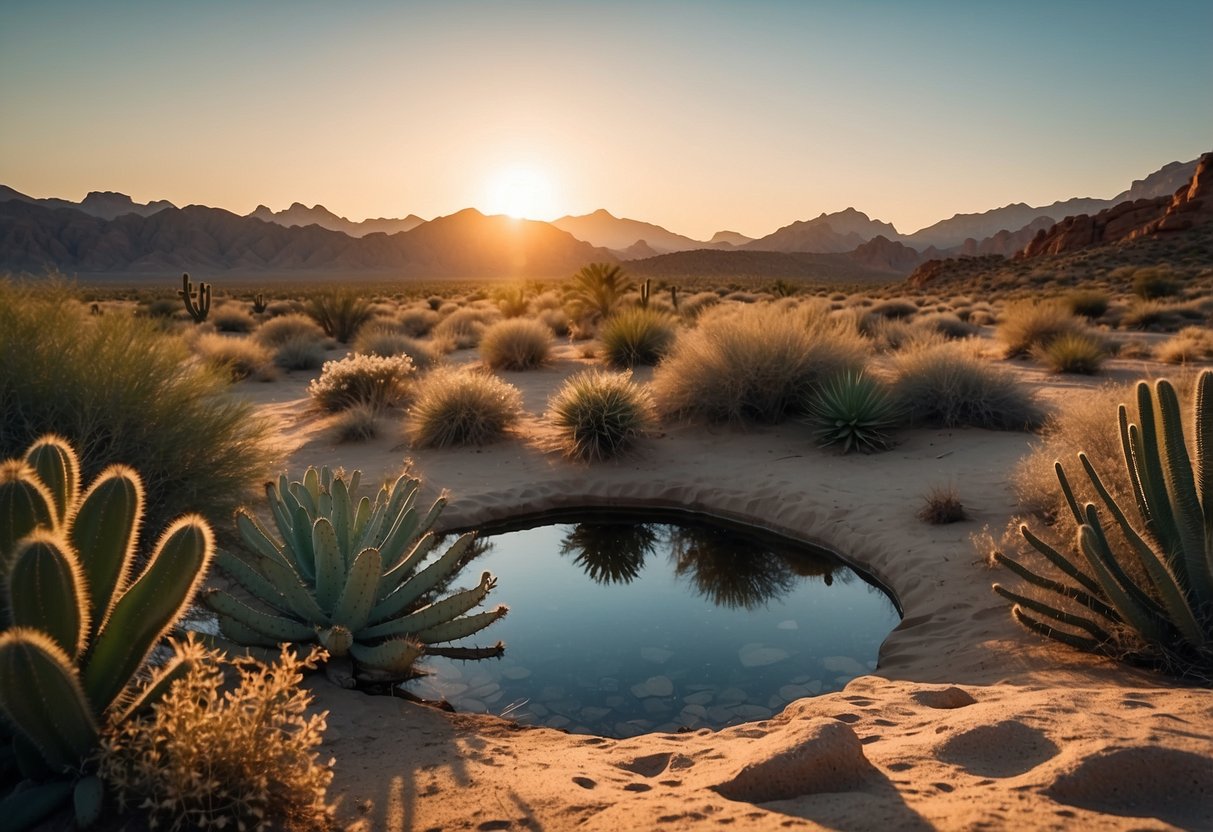 A desert landscape with sand dunes, cacti, and a clear blue sky. A small oasis with a tranquil pond surrounded by palm trees. A rocky canyon with a flowing stream. A vast open desert with a colorful sunset. A secluded spot