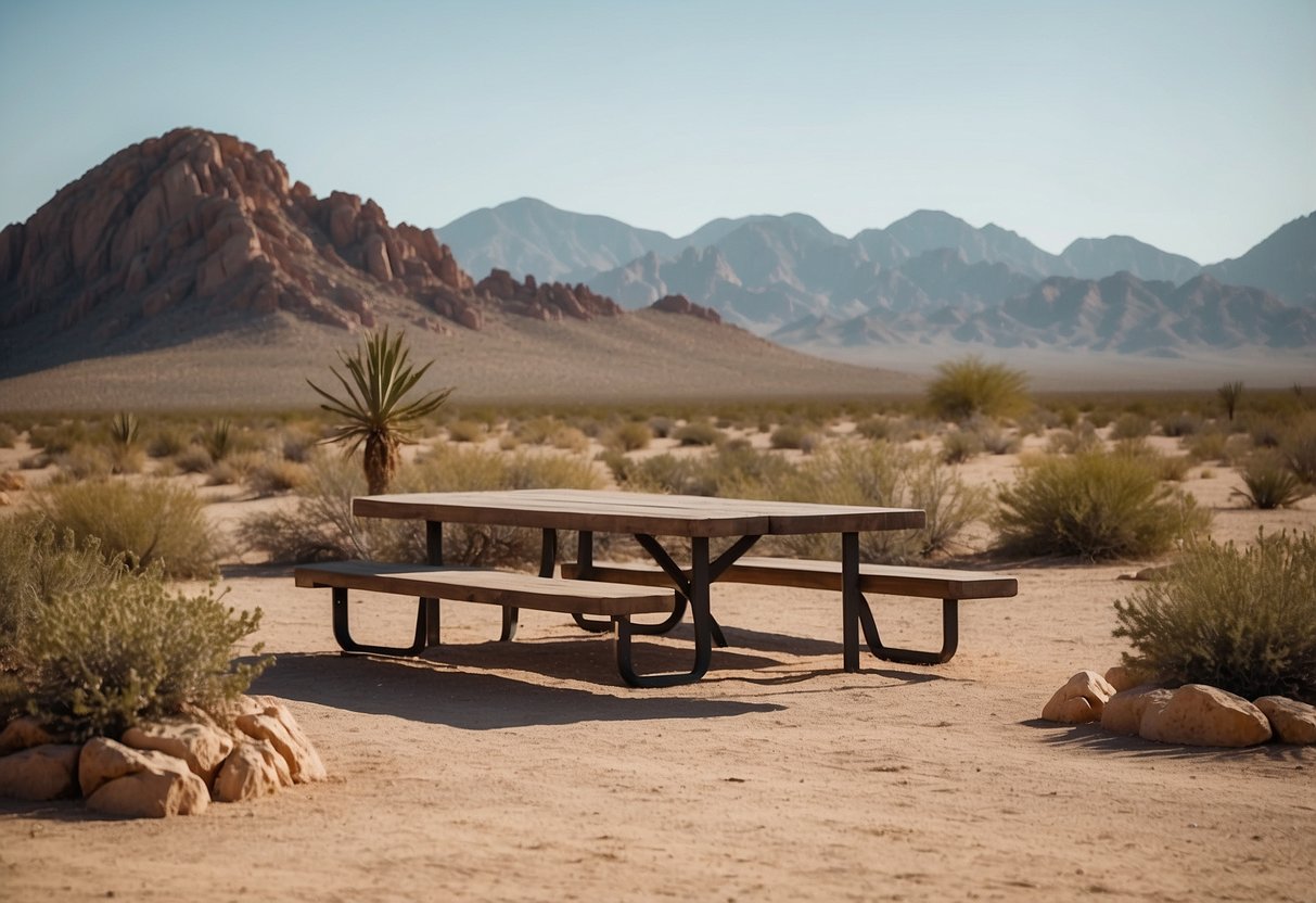 1. A vast desert landscape with rocky outcrops and scattered Joshua trees. A picnic area with tables and shade structures nestled among the unique desert flora