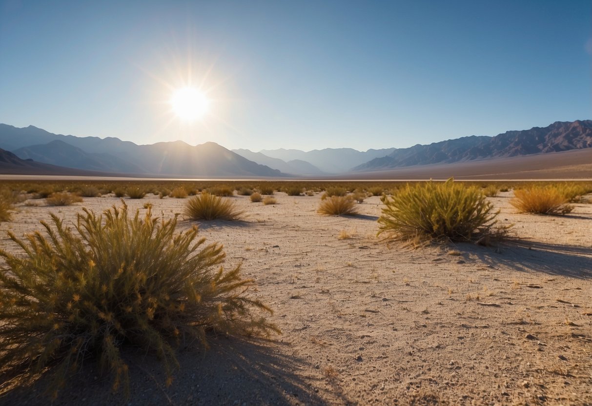 The sun beats down on the vast desert landscape of Death Valley National Park, with sparse vegetation and rugged mountains in the distance. Five ideal picnic spots are scattered throughout the arid terrain