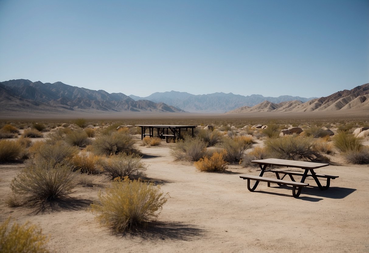 A vast desert landscape with rocky outcrops and sparse vegetation, featuring a picnic area with tables and shaded shelters, surrounded by the rugged beauty of Anza-Borrego Desert State Park