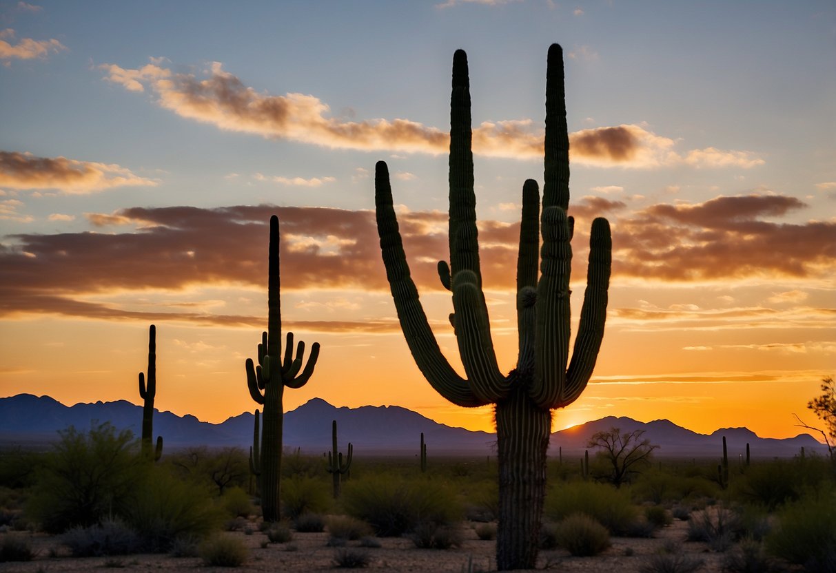 Sunset over Saguaro National Park, cacti silhouetted against the colorful sky, rocky desert landscape, picnic tables nestled among the towering saguaros