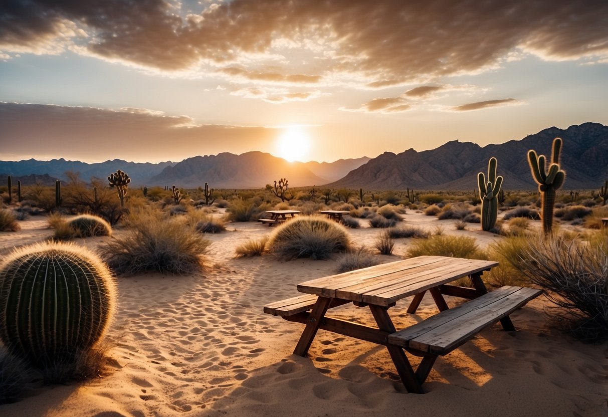 Sunset over rocky desert landscape, cacti and Joshua trees. Picnic tables nestled among sand dunes, mountains in the distance