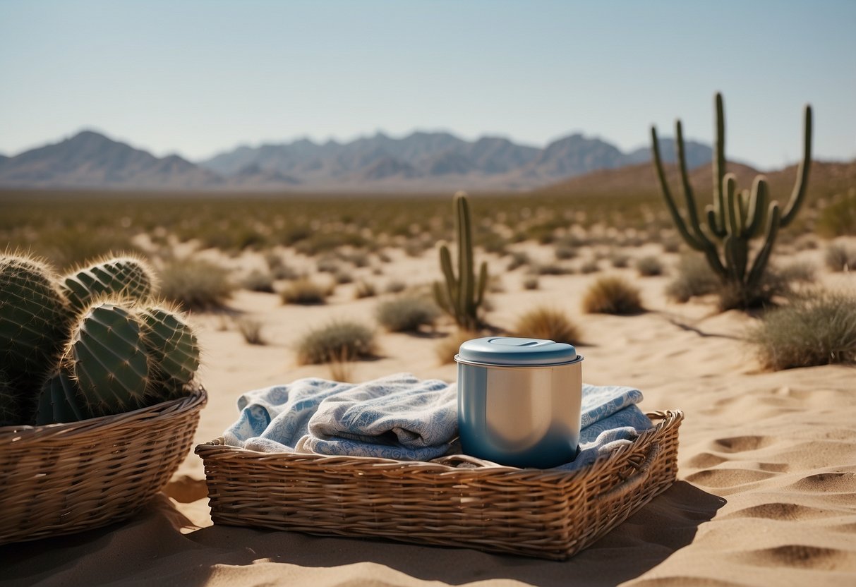 A desert landscape with rocky outcrops, sparse vegetation, and a clear blue sky. A picnic blanket is laid out with a wicker basket and a thermos, surrounded by cacti and sand dunes