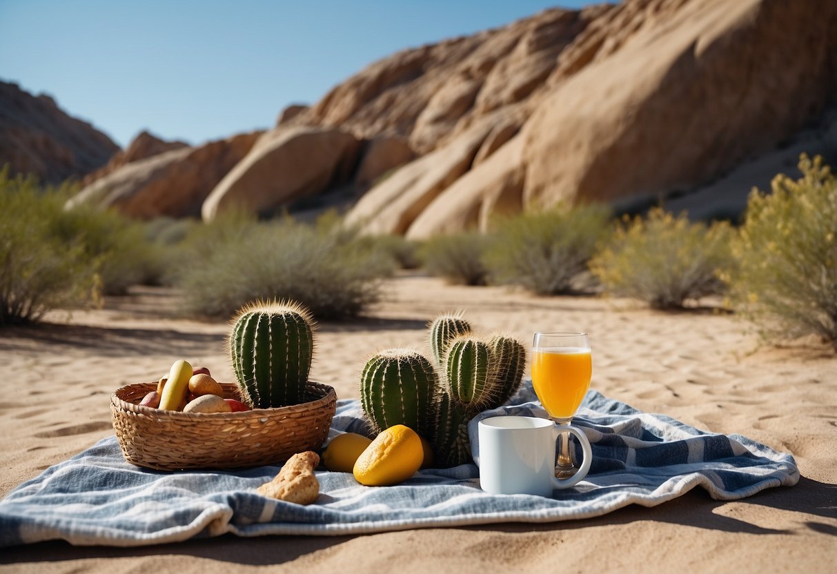 A desert landscape with a picnic blanket, food, and drinks set up under the shade of a large rock formation. Surrounding the area are cacti, sand dunes, and a clear blue sky