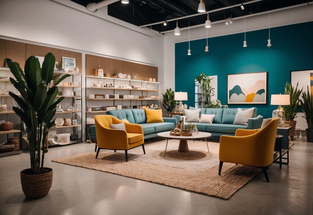 A brightly lit showroom with modern, affordable furniture neatly displayed in organized rows. Bold signage and colorful decor add to the trendy, inviting atmosphere