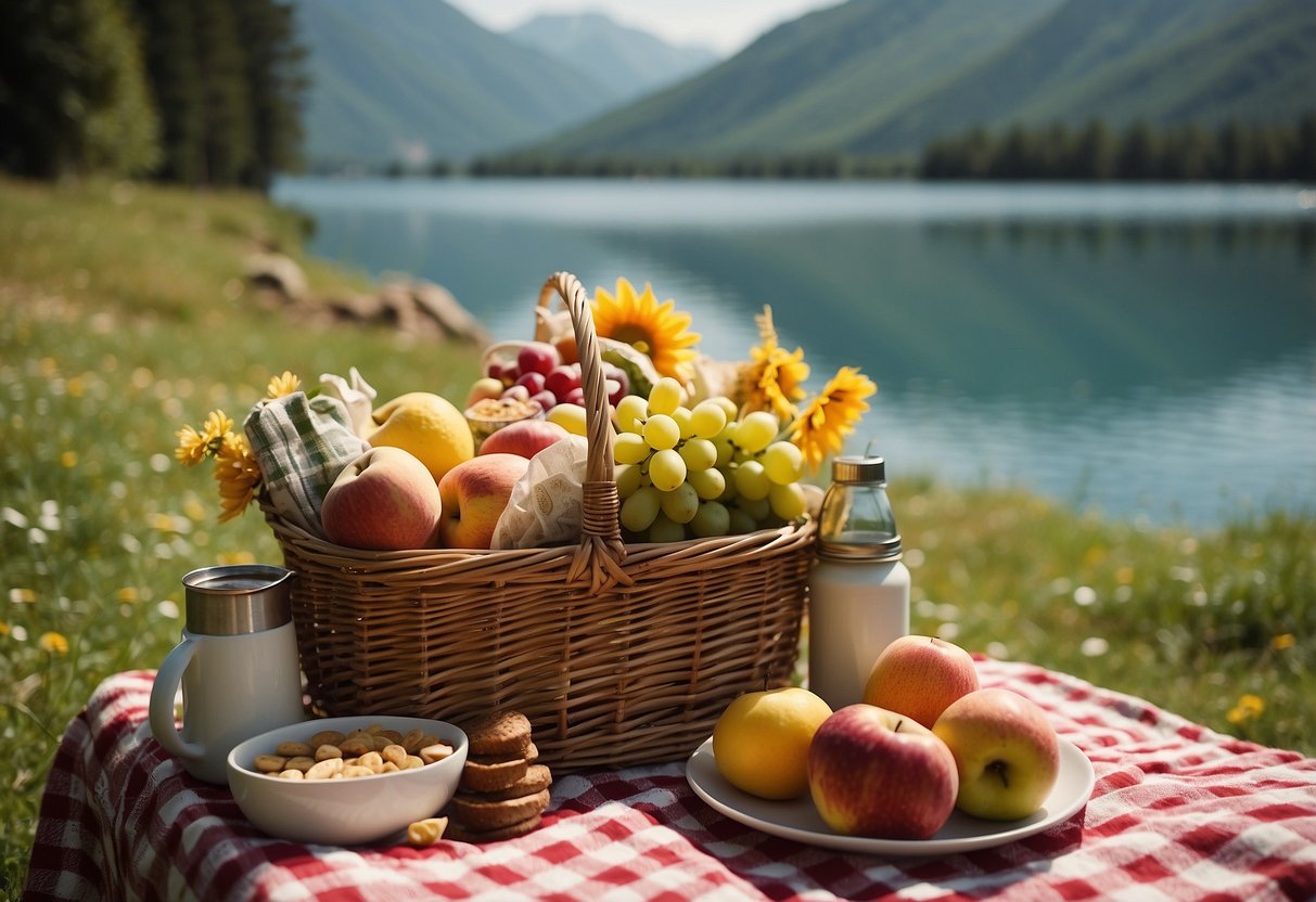 A sunny meadow with a checkered blanket spread out, surrounded by a variety of picnic items such as a wicker basket, colorful fruit, sandwiches, and a thermos. In the background, a serene lake and mountains