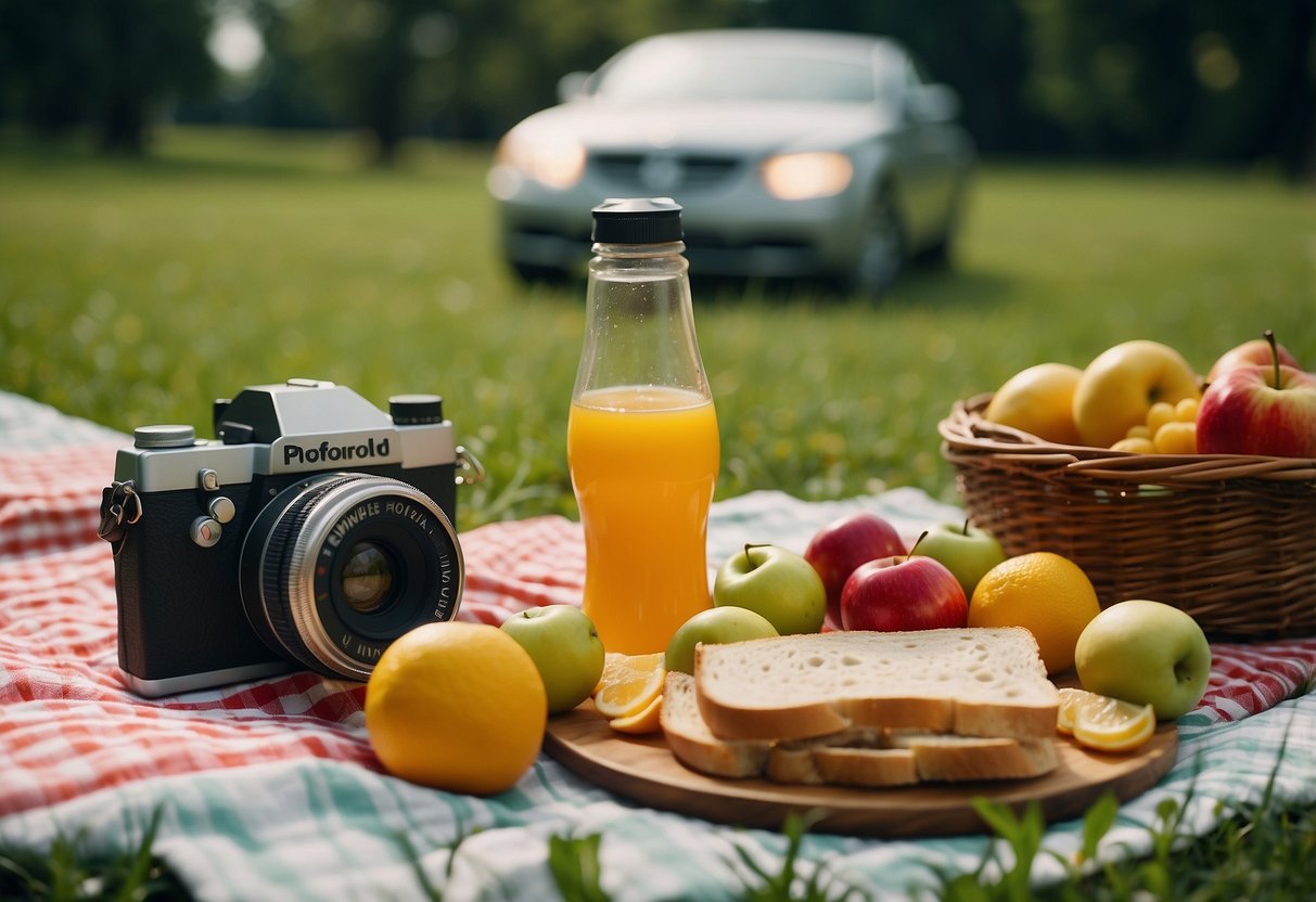 A picnic blanket spread out on green grass with a Polaroid camera, surrounded by various picnic items like sandwiches, fruits, and drinks