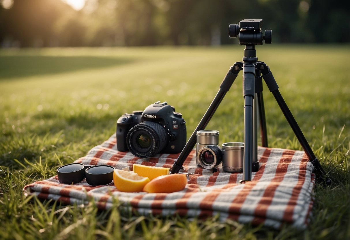 A picnic blanket spread out on the grass, with a tripod set up nearby. A camera and lens are placed on the tripod, ready for a photography outing