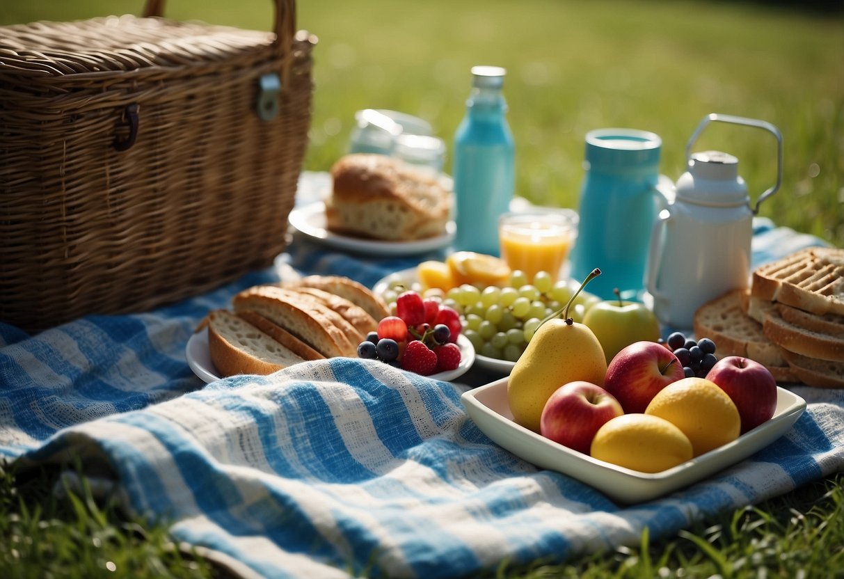 A colorful picnic blanket spread out on green grass, surrounded by a wicker basket, fruit, sandwiches, and a thermos. Sunshine and blue sky overhead