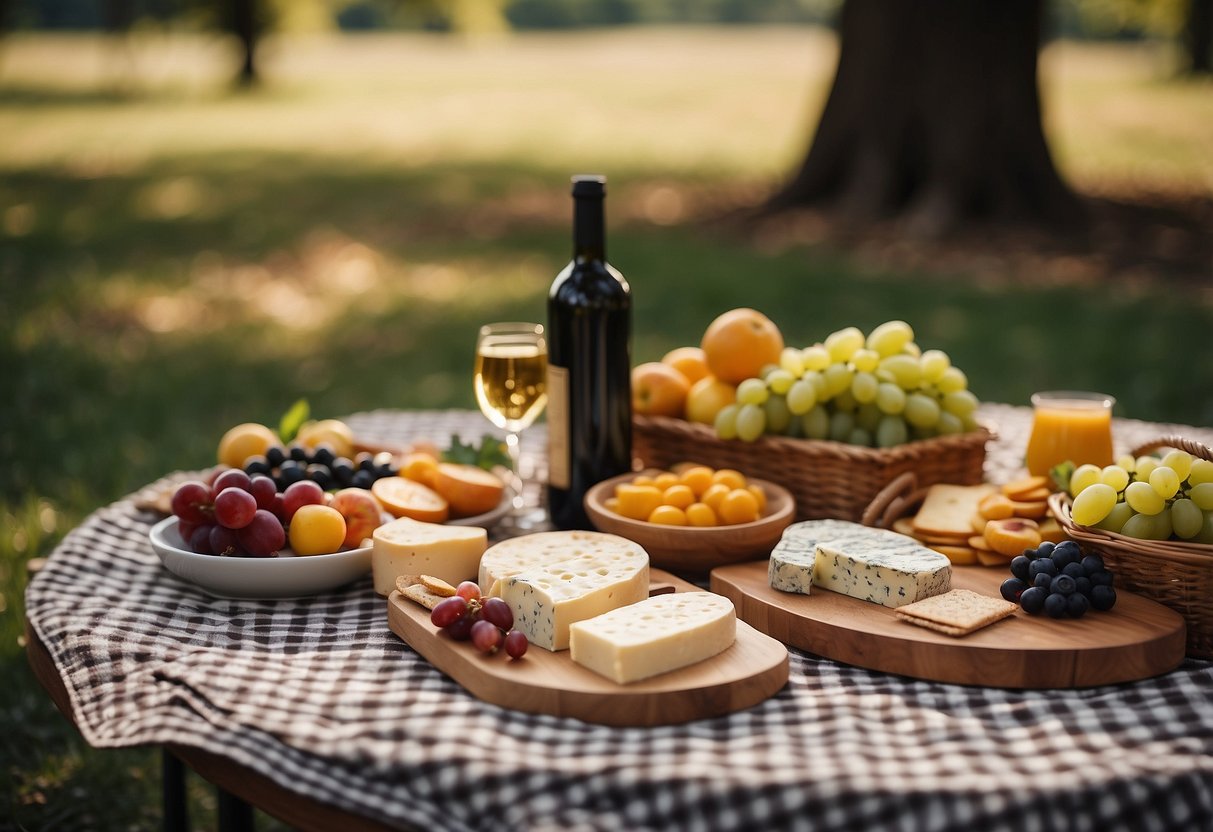 A wooden picnic table with a variety of cheeses, fruits, and crackers arranged on a platter. A wicker basket, wine glasses, and a checked tablecloth complete the scene