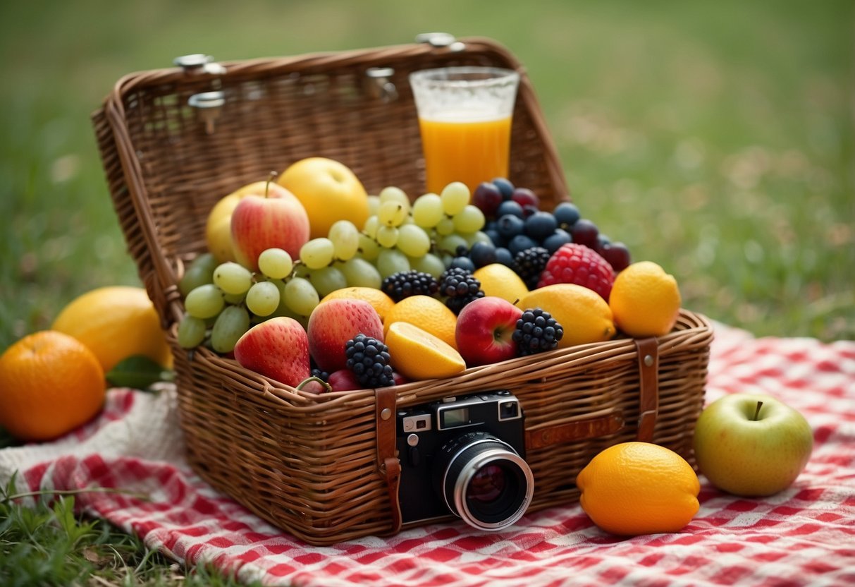 A colorful array of fruit skewers arranged on a rustic picnic blanket, surrounded by a wicker basket, a thermos, and a camera