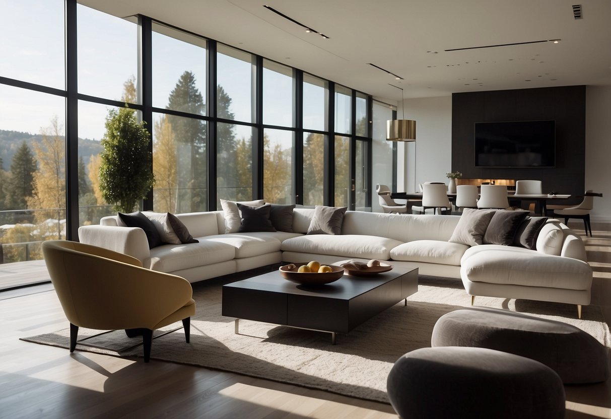 A modern living room with sleek, minimalist furniture. A large, comfortable sofa sits in the center, surrounded by elegant coffee tables and stylish armchairs. The room is bathed in natural light from the large windows