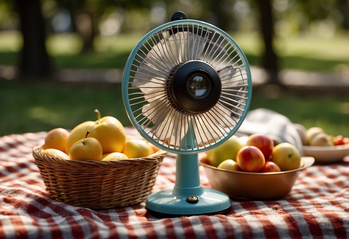 A colorful handheld fan sits on a checkered picnic blanket surrounded by a basket, sandwiches, fruit, and a camera. Sunshine filters through the trees, creating dappled patterns on the ground