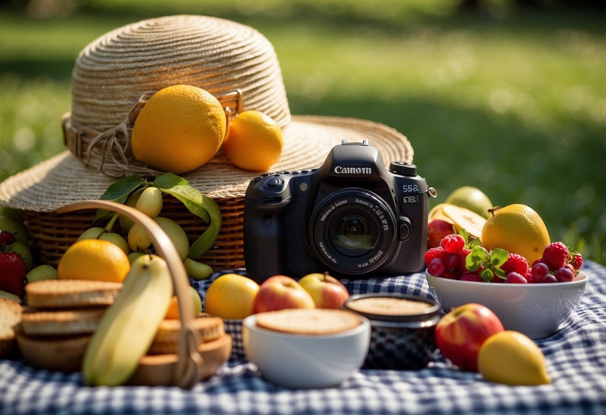 A sun hat sits on a checkered picnic blanket surrounded by a basket, fruit, sandwiches, and a camera. A colorful umbrella provides shade on a sunny day