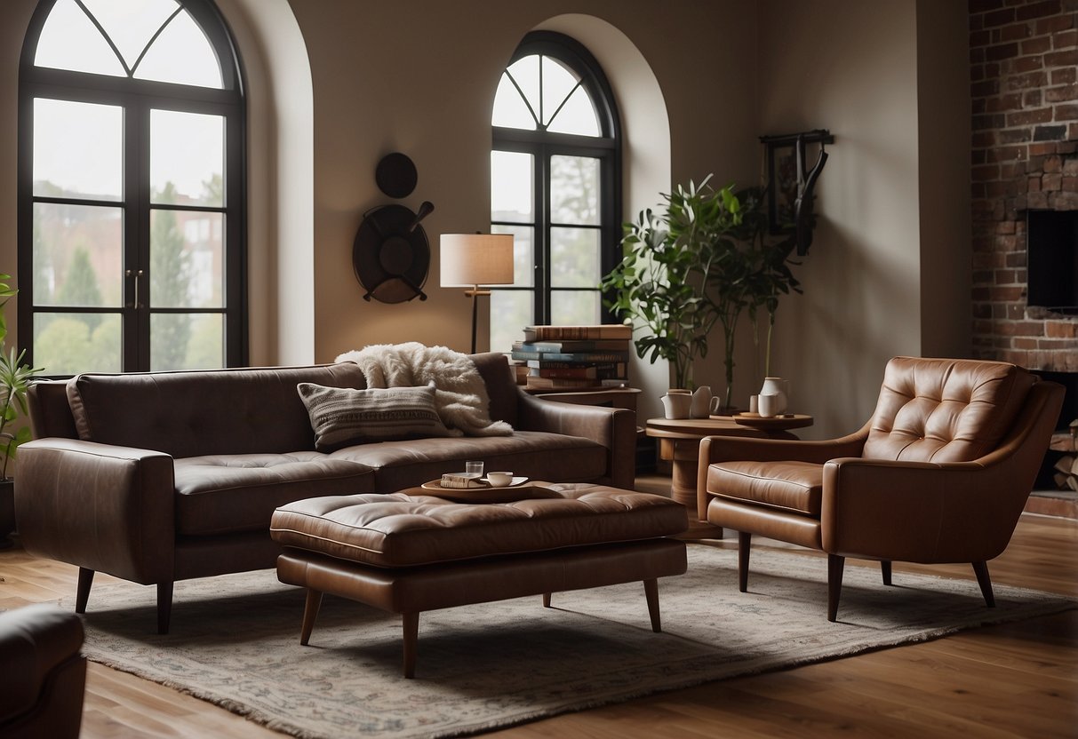 A cozy living room with a mix of modern and traditional furniture. A sleek leather sofa sits opposite a vintage wooden coffee table, while a plush armchair and ottoman create a cozy reading nook