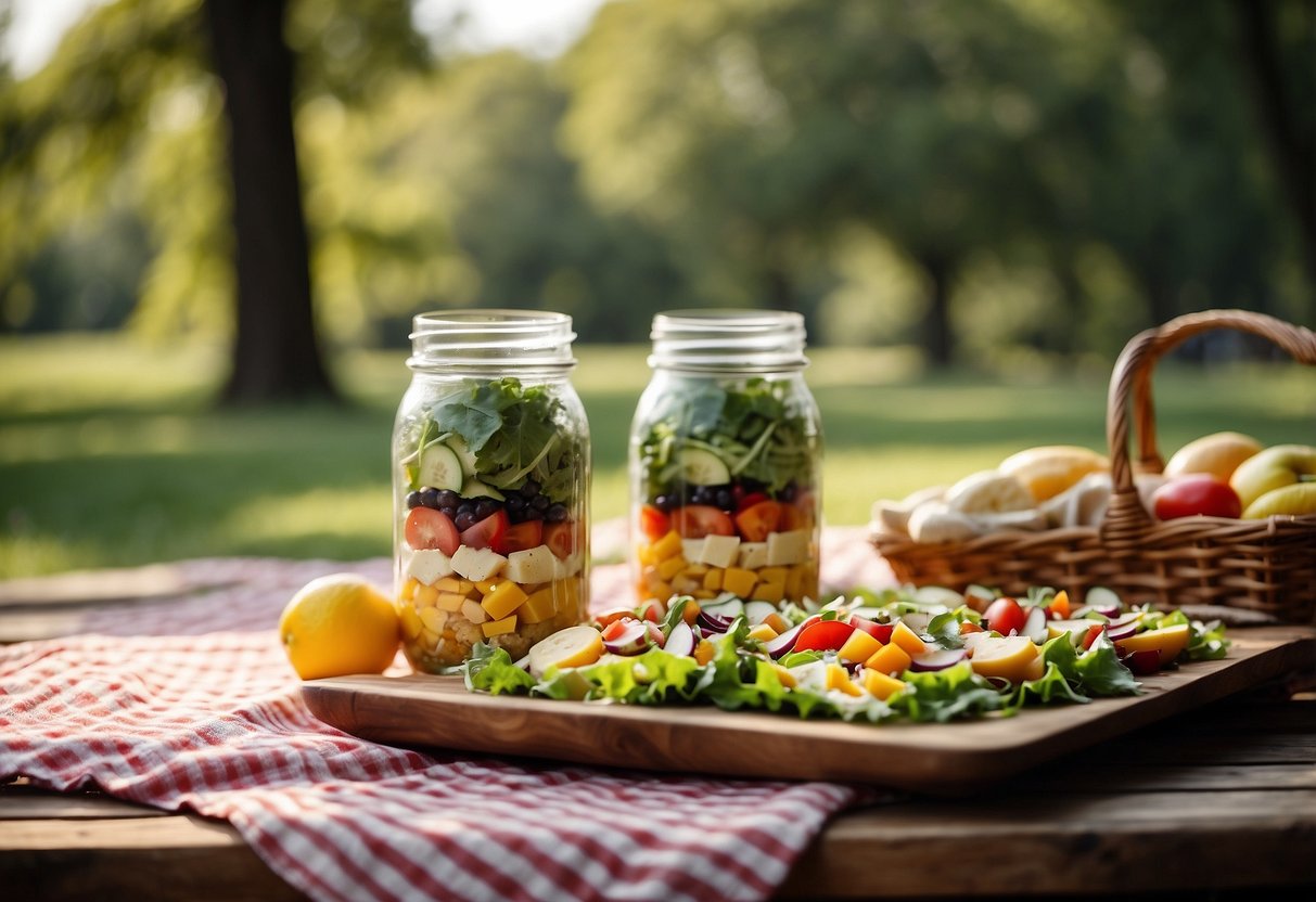 A picnic blanket spread with mason jar salads, surrounded by a camera, picnic basket, and colorful napkins. Trees and a sunny sky in the background