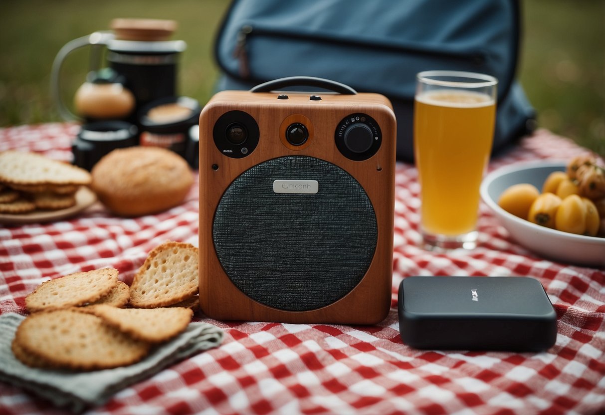 A Bluetooth speaker sits on a checkered picnic blanket surrounded by a camera, snacks, and a notebook with "10 Picnic Ideas for a Photography Outing" written on it