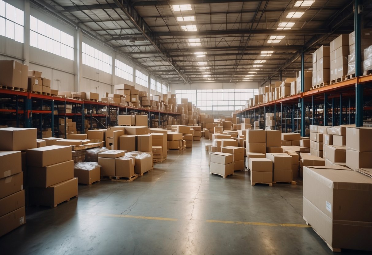 A large warehouse filled with neatly stacked furniture and decor items. Brightly lit with natural light pouring in through the windows