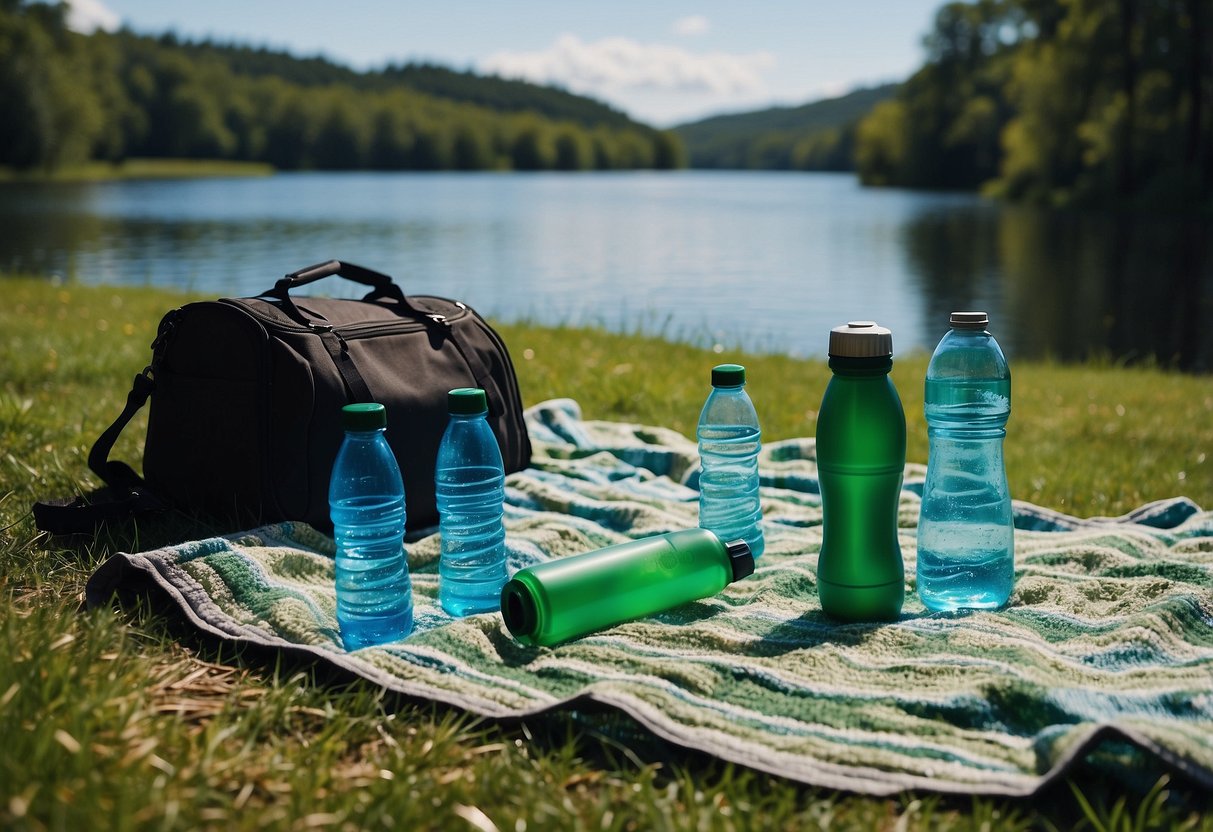 A grassy picnic blanket with a variety of reusable water bottles scattered around. In the background, a picturesque outdoor setting with trees, a lake, and a clear blue sky