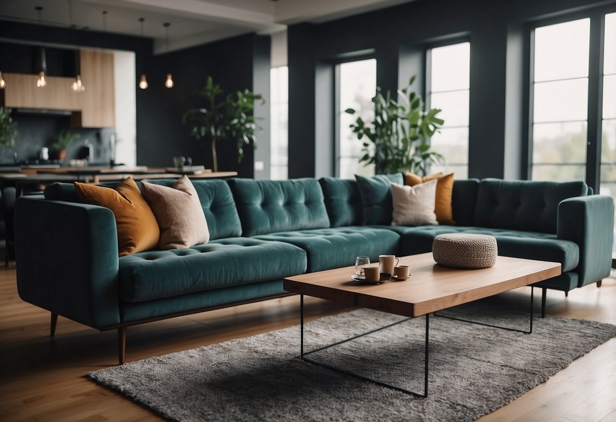A cozy living room with a plush sofa, a sleek coffee table, and a stylish armchair arranged for comfort and functionality